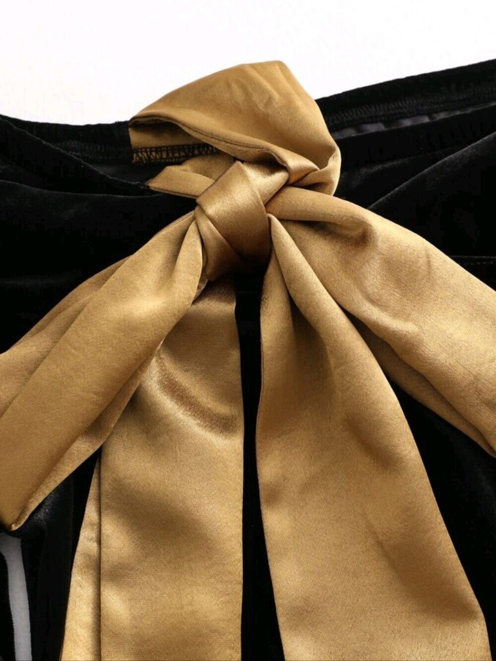 Women's Autumn New Black Velvet & Gold Satin Patchwork Bow Off-Shoulder - Picture 7 of 8